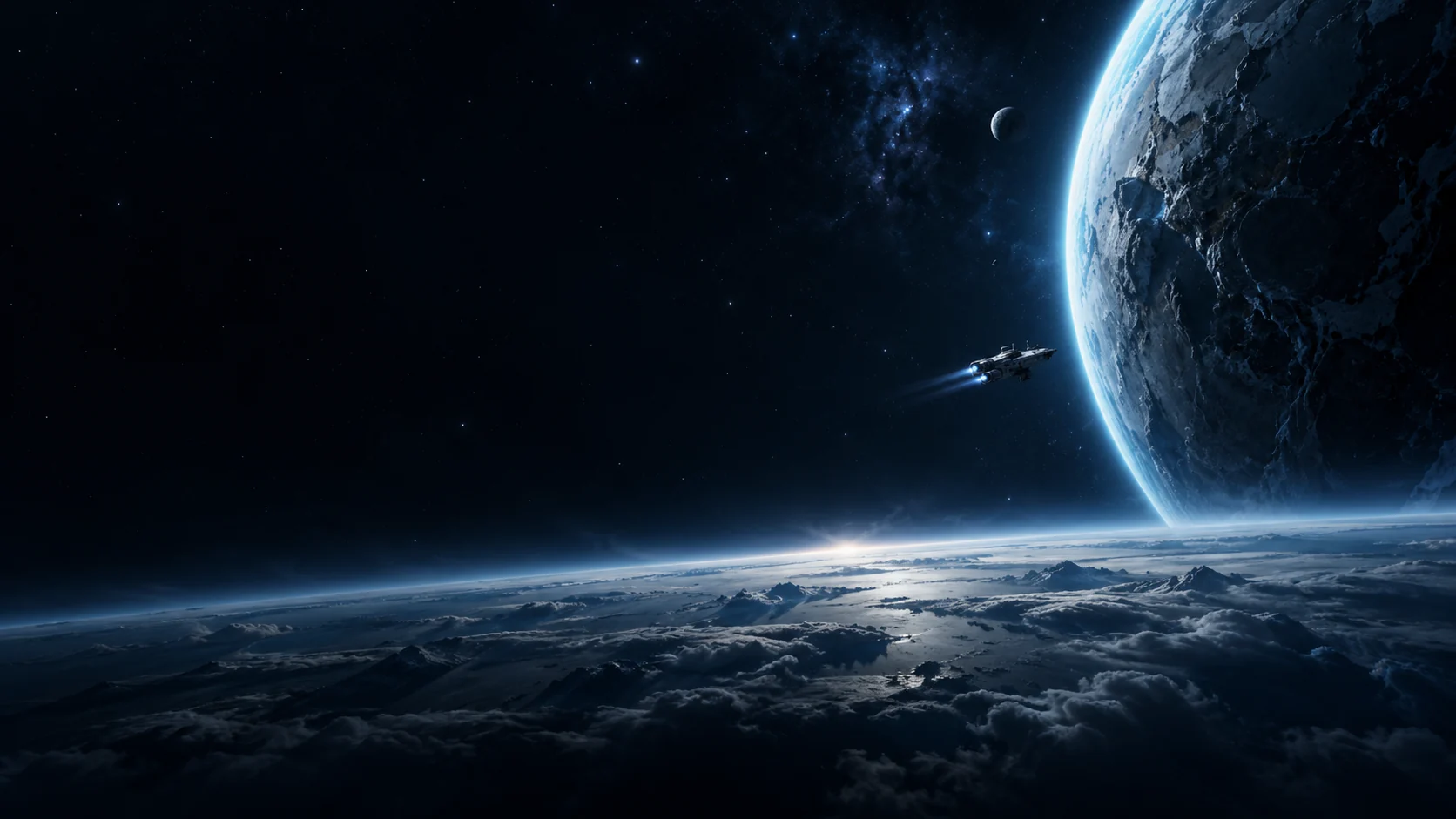 Original JumpGuide concept art of a blue planet and a small exploration ship