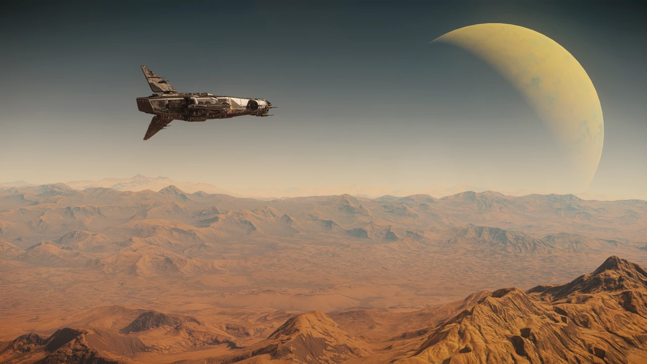 A Corsair crosses the rust-colored landscape of Ignis beneath a large yellow moon.