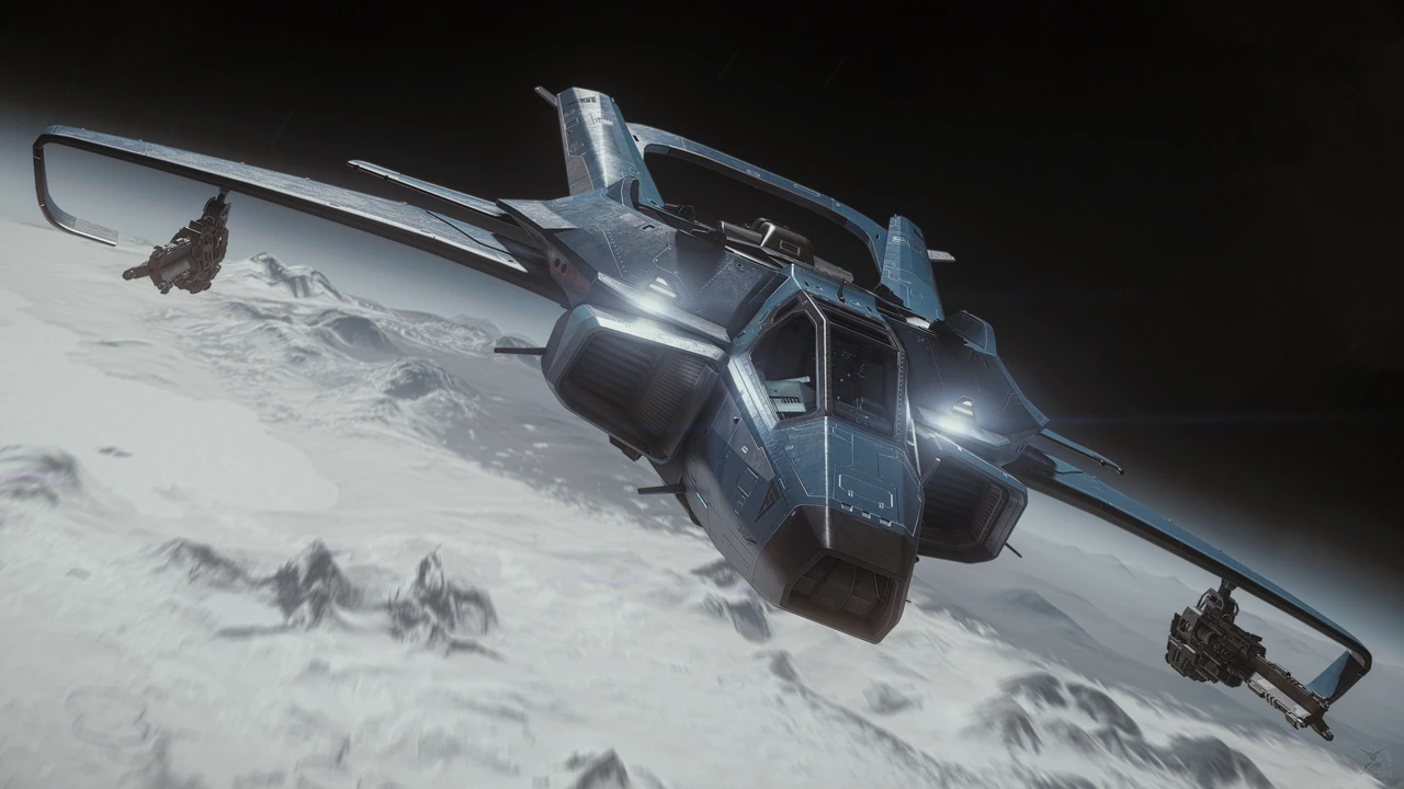 A silver Hornet banks above the bright icy surface of Euterpe.