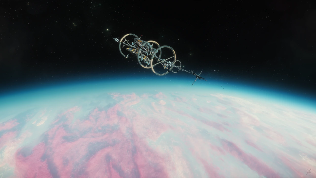 The ringed structures of Seraphim Station hang above a turquoise planetary horizon.