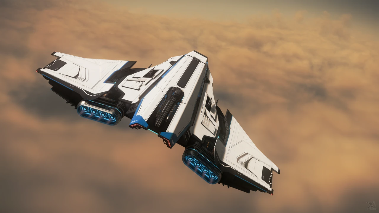 A white C1 Spirit flies above amber clouds, viewed from behind its glowing engines.
